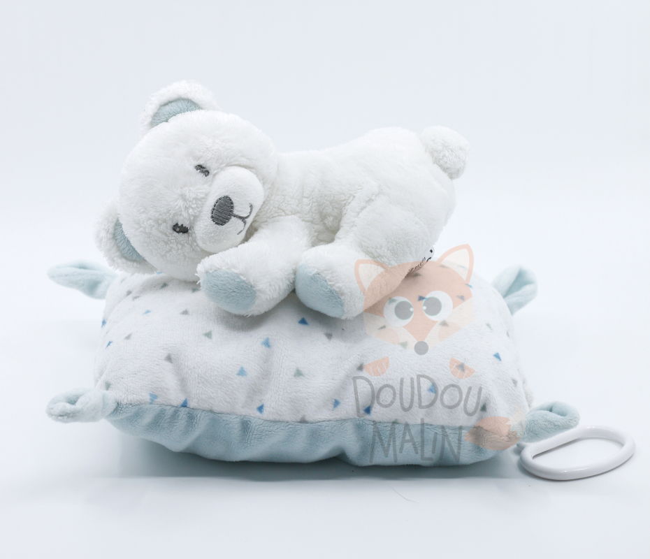  boîte à musique ours coussin blanc bleu 30 cm 
